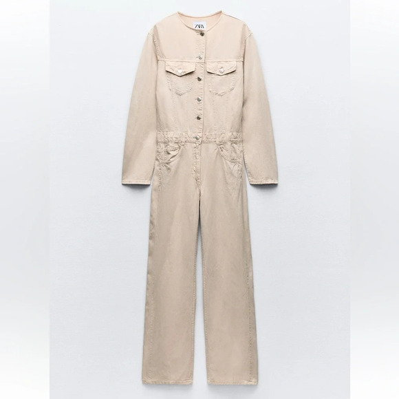 ZARA LONG FLOWY CREAM JUMPSUIT - Picture 1 of 5